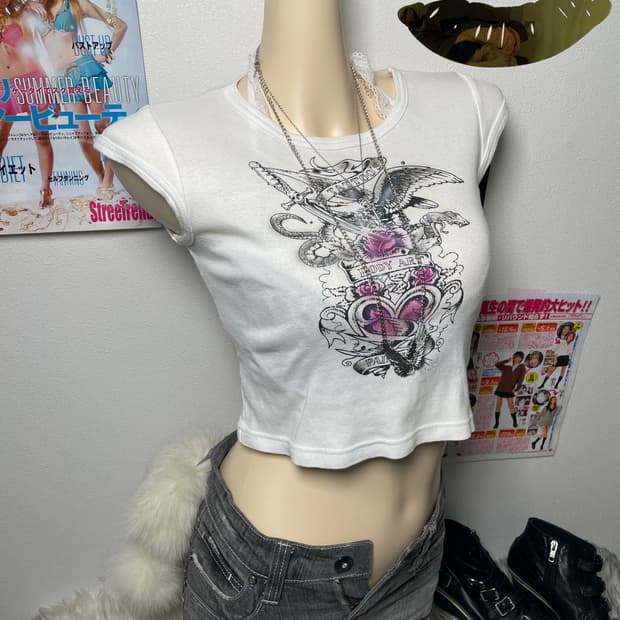 Punk y2k 해골 날개 반팔티 탑