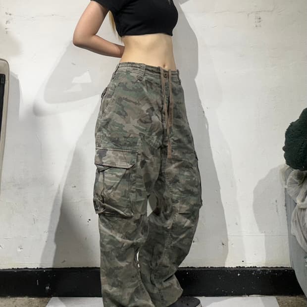 일본 빈티지 camp 카키 카모 와이드 카고 팬츠 