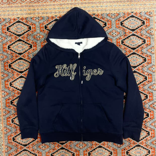 타미힐피거 스펠로고 네이비 밍크 기모 후드집업 여성M