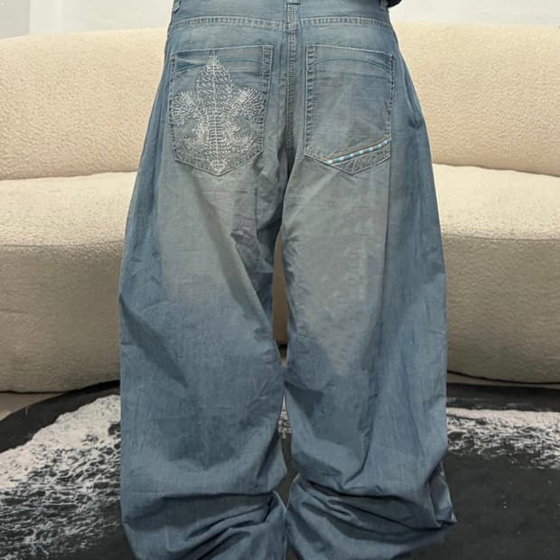 90s vintage 크로스 자수 와이드 데님 팬츠