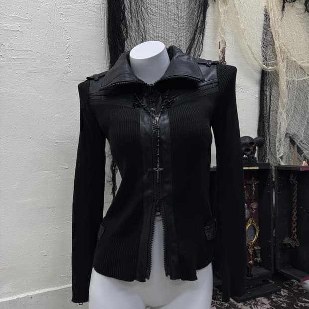 Fragile 00s leather trimming knit zip up