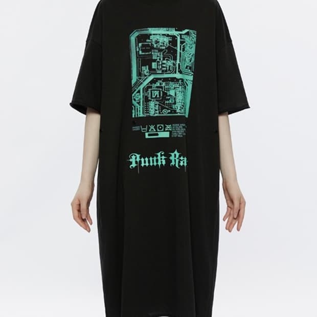 펑크레이브 고스 펑크 반팔 롱 원피스 사이버 튜닉 