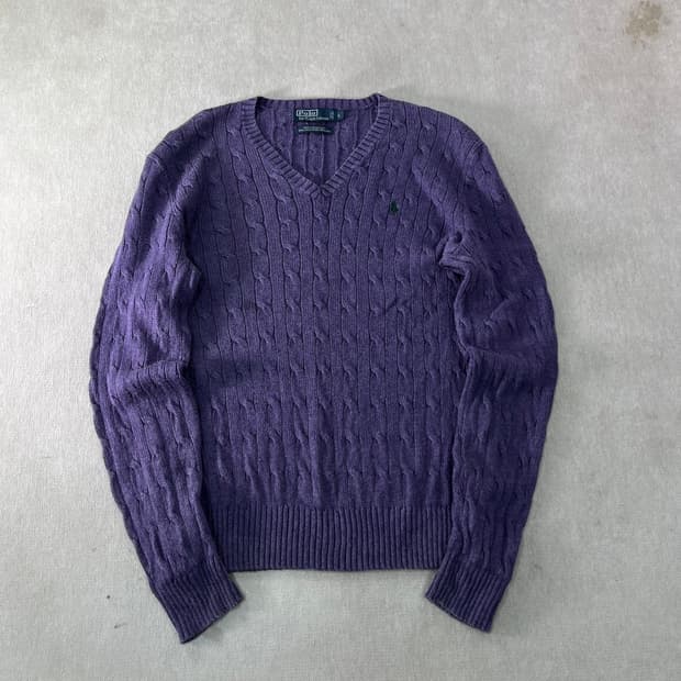 100 폴로랄프로렌 실크 꽈배기 브이넥 퍼플 니트