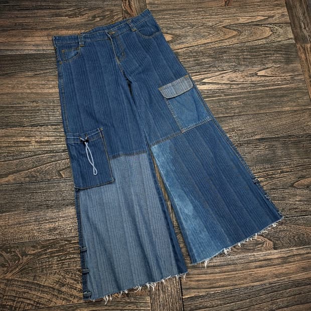 일본빈티지 패치 워크 멀티 스트라이프 해비 와이드 데님 팬츠 M14920