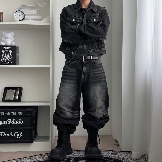 BLR 비엘알 크림 한정 더블 트라이던트 워싱 와이드 데님 팬츠 블루 L