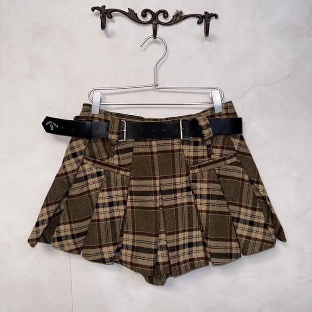 Brown check belted pleats skirt pants 