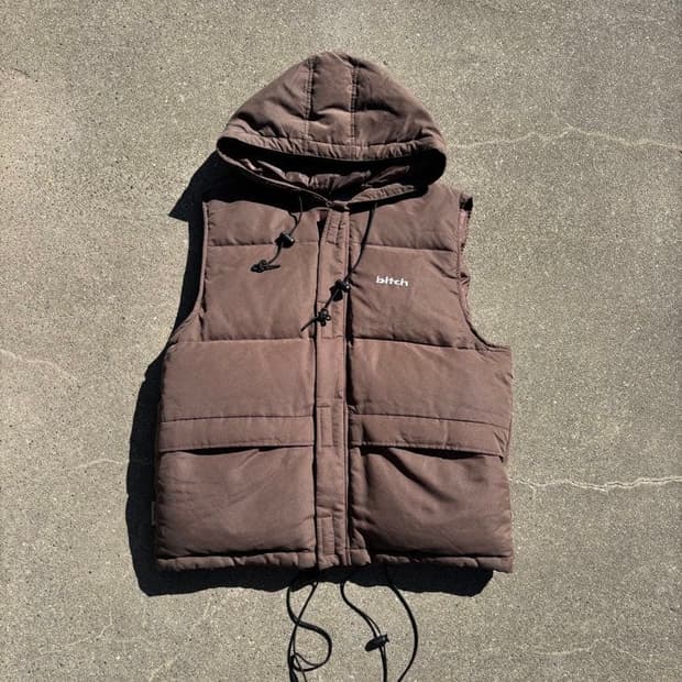 90s 비치 스케이트보드 후드 다운 패딩 베스트 브라운
