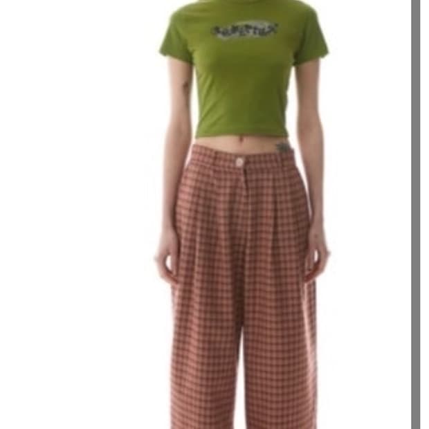 스컬프터 브라운 체크 와이드 핀턱 팬츠