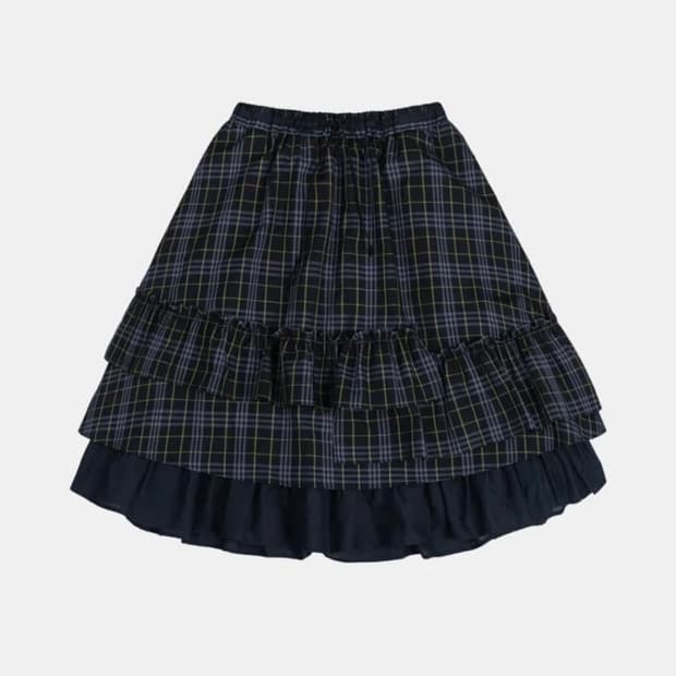 오헤시오 체크 프릴 미디스커트 네이비