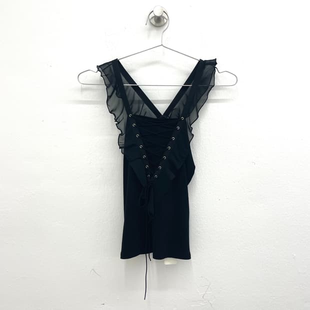 black lace-up ruffle cami Top