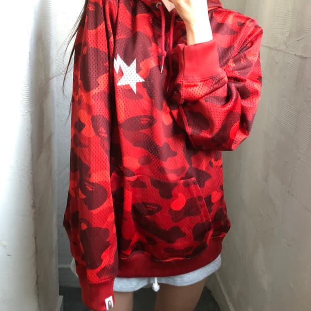 Bape 베이프 레드 카모 메쉬 후드티