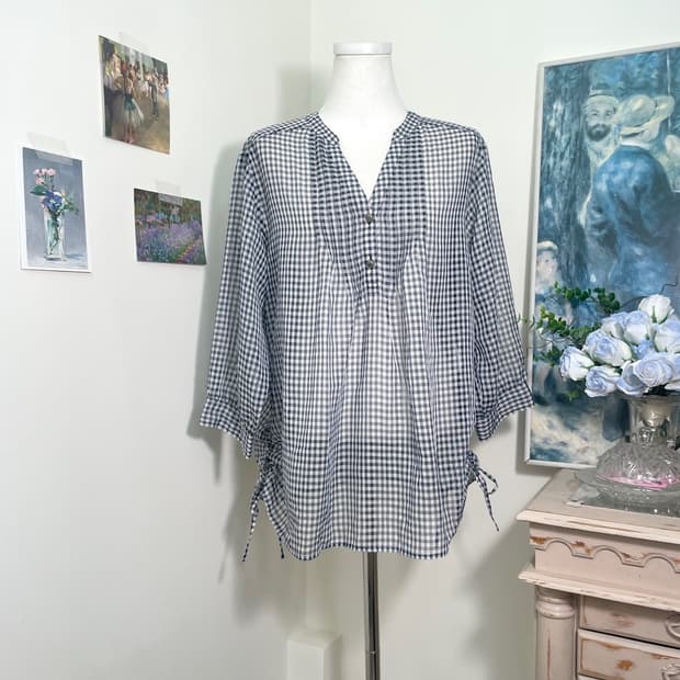 navy check side bow loose chiffon blouse