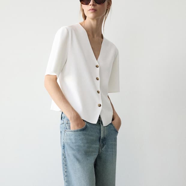 [Massimo Dutti] 여성 화이트 V넥 반팔 니트