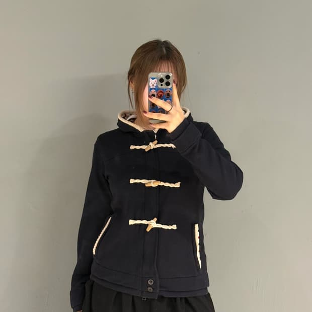 inner stripe duffle button hood zip-up