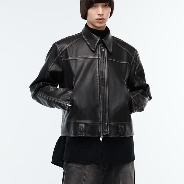 알렌느 3D 디스트레스드 포우 레더 자켓 블랙 2size