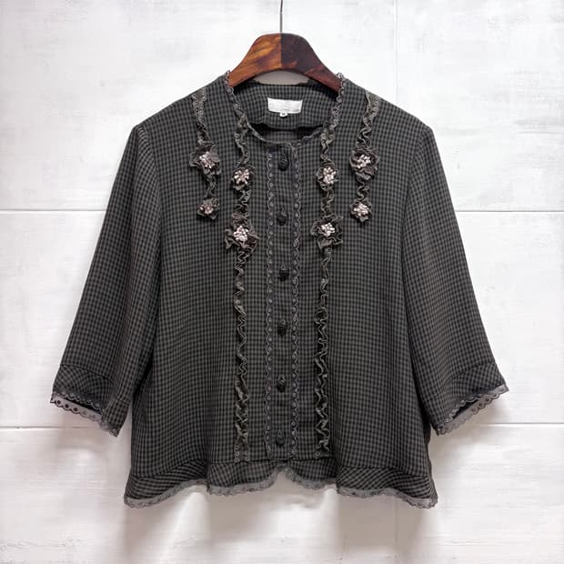 시스루 레이스 플라워 하구미 모리걸 체크 블라우스 M  JPN