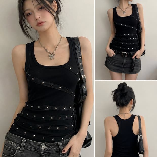 Y2K Studded Rib Tank Top 블랙 스터드 슬림 나시 X