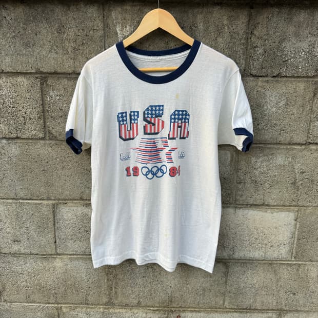 80s usa 빈티지 1984 올림픽 기념 싱글스티치 링거티 반팔 티셔츠