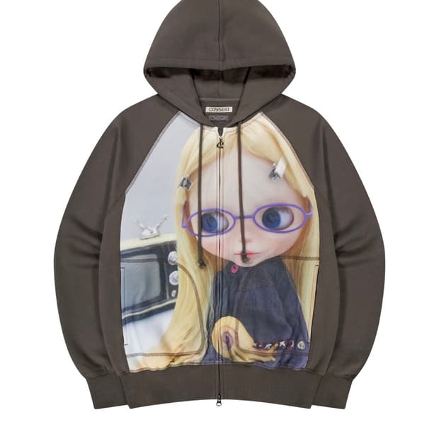 COYSEIO 브라이스 그래픽 집업 후디 브라운