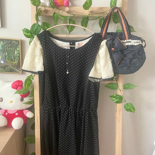 모리걸 빈티지 도트 원피스 set 🤍🖤🎀