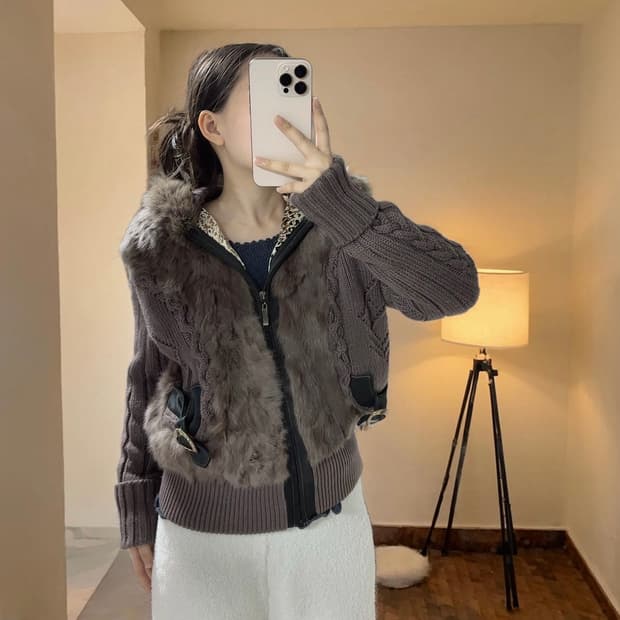 빈티지 보라 브라운 폭스 후드 꽈배기 캣츠아이 매듭  토끼털 니트자켓