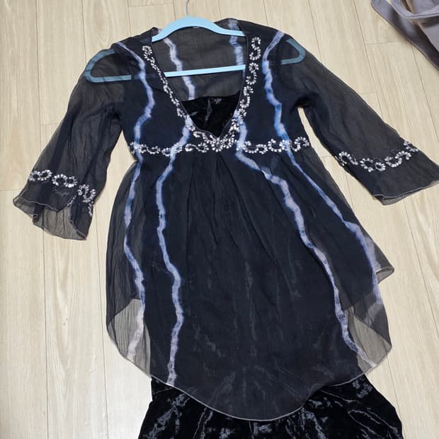 오리엔탈 빈티지)블랙네이비 모리걸 고딕레이어드 블라우스+벨벳원피스코디세트