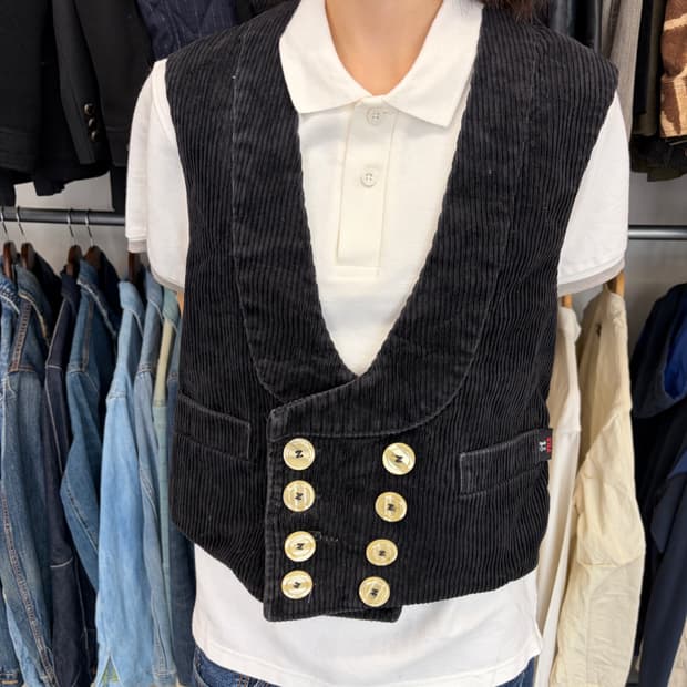 Vintage 자수 포인트 코듀로이 더블 버튼 베스트 