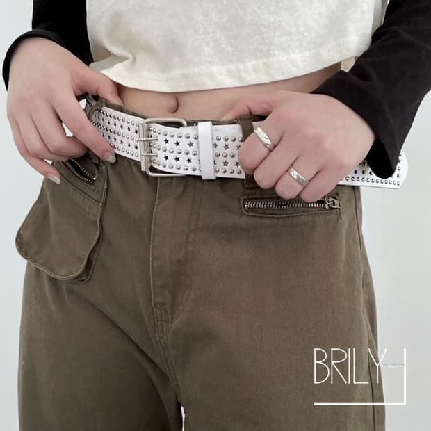 [Unisex] BELL 멀티 스터드 별 펀칭 가죽 벨트 화이트