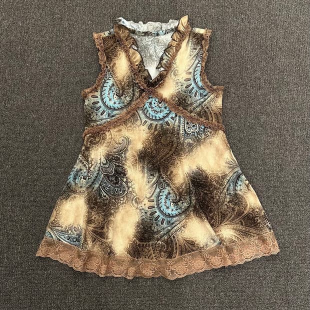 OS)Japanese vintage 페이즐리 패턴 v넥 슬리브리스