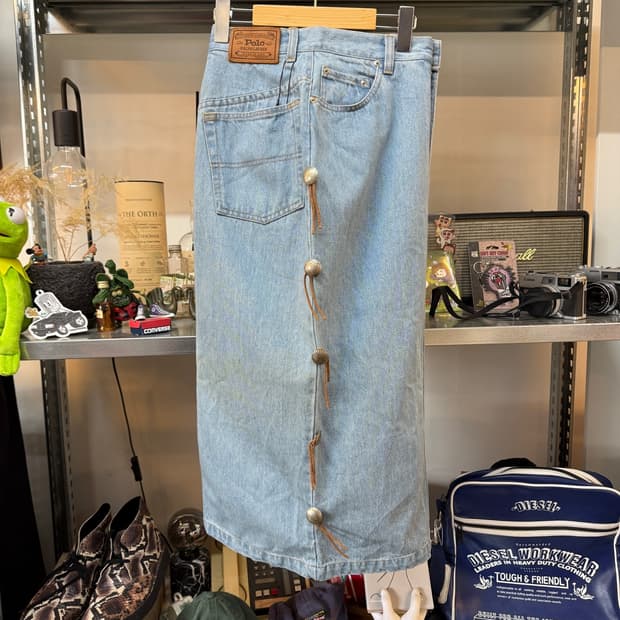 80 ~ 90S 폴로 컨트리 데님 스커트 콘초 디테일 레더 스트링