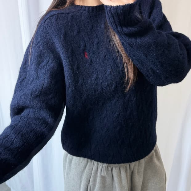 Polo 폴로 랄프로렌 울100 버건디포니 네이비 케이블 니트