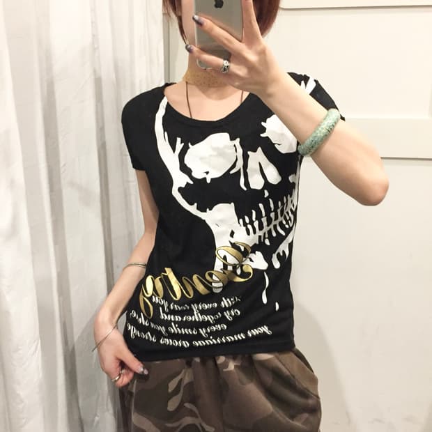 JPN Vintage 고스펑크 고딕 스컬 백 시스루 반팔