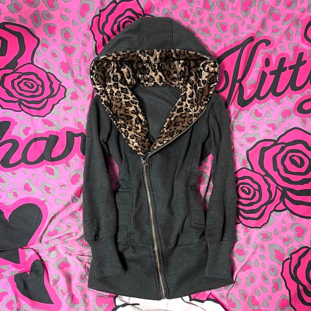 오네갸루 레오파드 퍼 트리밍 그레이 후디집업 y2k빈티지 핀터 펑크00s