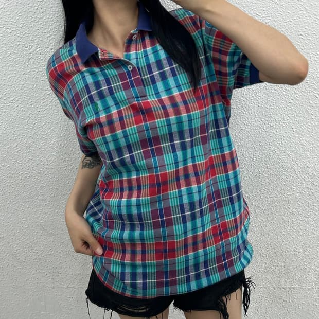 폴로 랄프로렌 그린포니 블루체크 반팔 셔츠 M