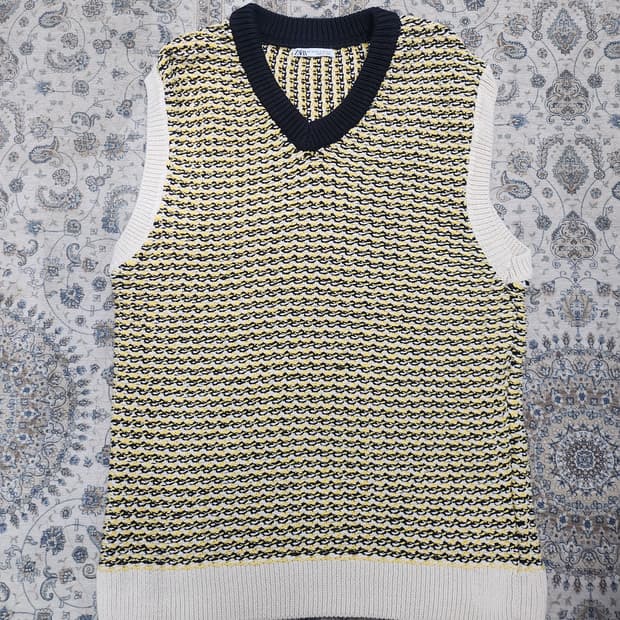 ZARA 자라 옐로우 블랙 패턴 니트 조끼 XL