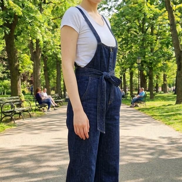 [M] 아즐 바이 마우지(AZUL) 리본 포인트 와이드 데님 오버롤 바지