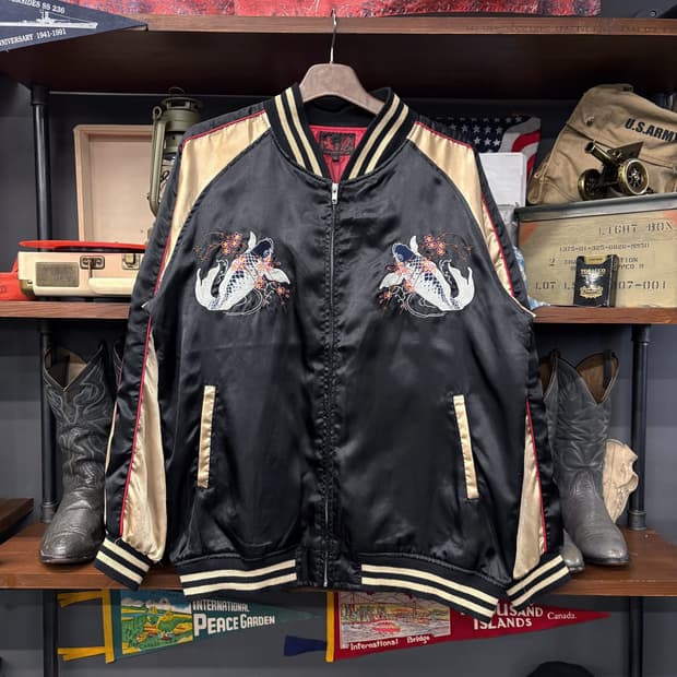 JPN빈티지 수베니어 사틴 스카쟌 자켓 잉어자수 샴페인골드 N611