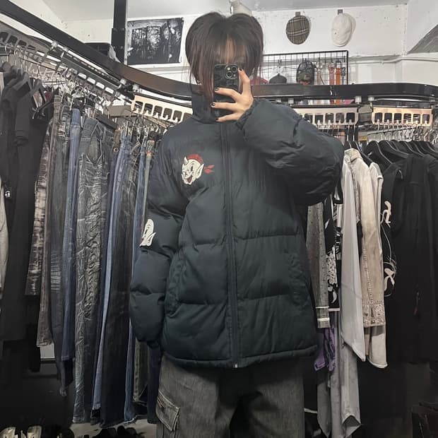 네이비 프린팅 패딩