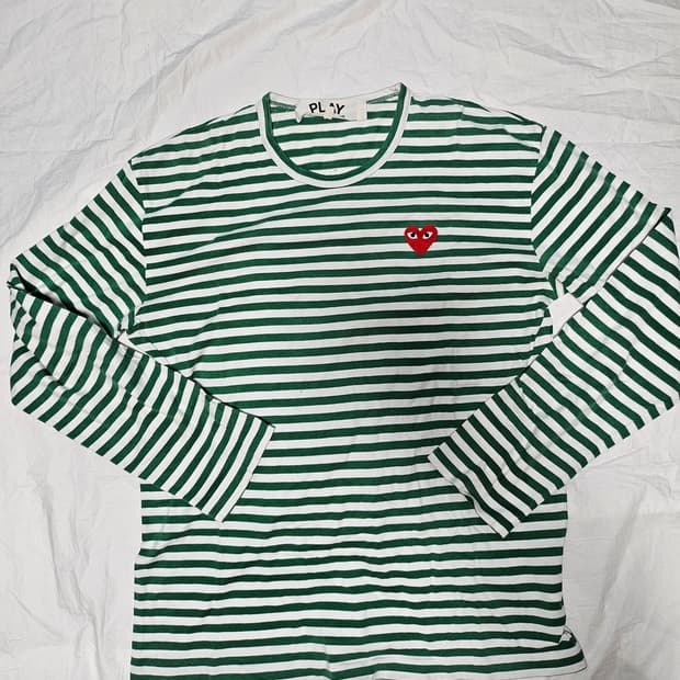 꼼데가르송 레드 와펜 그린스트라이프 롱슬리브 긴팔티셔츠 XL