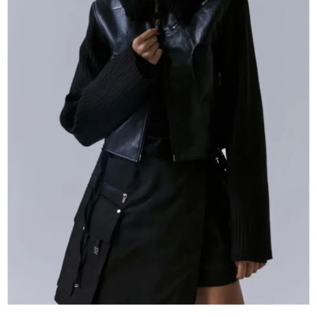 트리밍버드 니트 슬리브 빈티지 레더 자켓