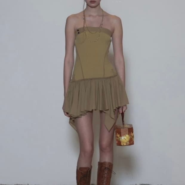 스컬프터 Tube Top Low Waist Dress Camel