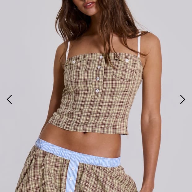 제니 제이디드 런던 브라운 체크 룰루 퍼프볼 복서 마이크로 스커트&탑