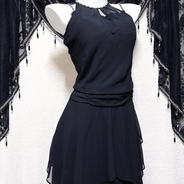 로맨틱고딕 고스 갸루 비즈 홀터넥 나시 언발 쉬폰원피스 파티드레스 연말