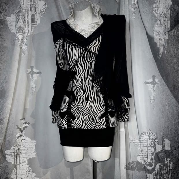 무채색 지브라 시부야갸루 딱붙 오픈숄더 코디세트 