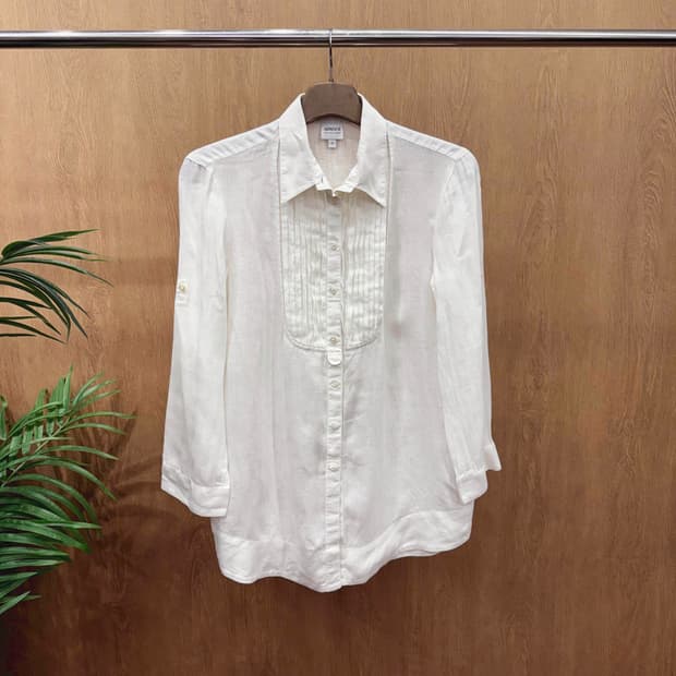 아르마니 콜레지오니 클래식 블라우스 버튼다운 플리츠 디테일 화이트