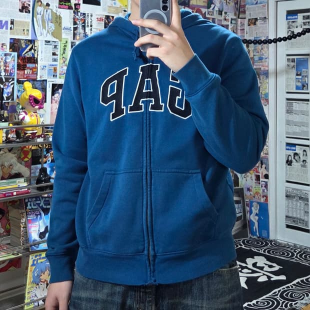 갭 딥블루 빅로고 자수 약기모 후드집업