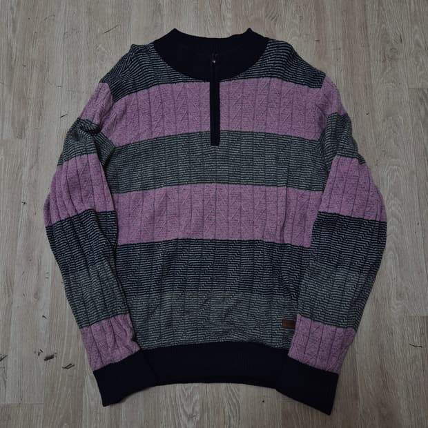 레노마 스포츠 여성 스트라이프 배색 반집업 니트 L(100)