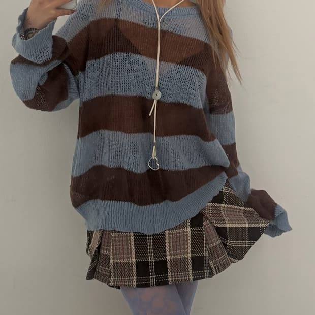 브라운 체크 플리츠 미니 스커트 