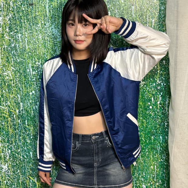 일본 빈티지 블루 배색 새틴 스카잔 점퍼 M