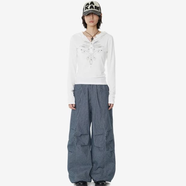 Knee Pin-tuck Stripe Denim Pants (Blue)
